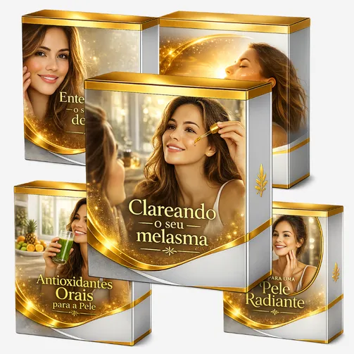 Os 7 materiais do Desafio Melasma Nunca Mais em capas empilhadas