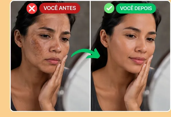 Rosto de mulher com melasma antes do tratamento, ao lado do mesmo rosto com a pele clareada depois