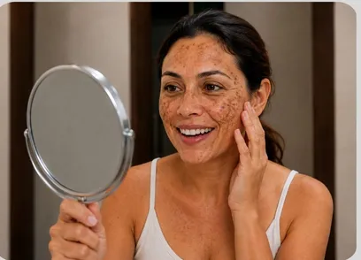 Mulher sorrindo segurando um espelho de mão