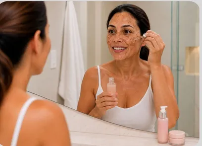 Mulher aplicando um produto de skincare em frente ao espelho